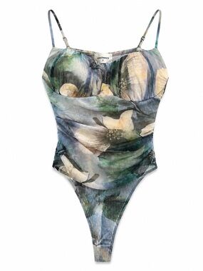 NanaMacs Painterly Floral Mesh Bodysuit - Green Blue Cream